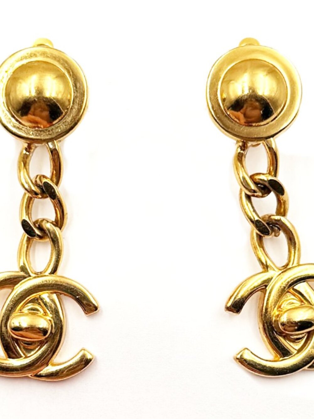 Chanel Vintage Gold Plated Button Chain CC Turnlock Dangle Clip on Earrings
